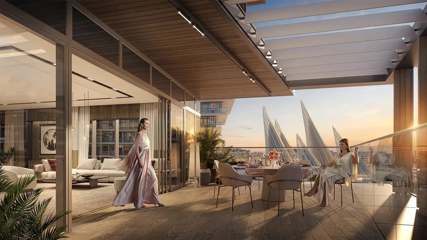 A Grove apartment terrace looking toward the water at sunset